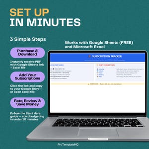 Op de afbeelding: Een laptop met een sjabloon voor een abonnementstracker. Het scherm toont een blauw-witte spreadsheet met koppen en gegevens. Tekst op het scherm bevat "Subscription Tracker" en "Don't Forget These". De afbeelding bevat ook instructies: "Set Up in Minutes."