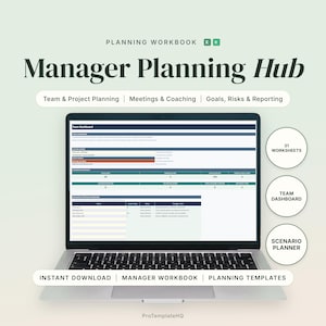 Peut inclure: Un ordinateur portable affichant un classeur numérique Manager Planning Hub. L'écran présente un tableau de bord d'équipe avec la planification de projets, réunions, coaching, objectifs et risques. Trois icônes listent 31 feuilles de calcul.
