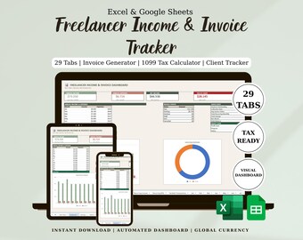 Freelancer Invoice Tracker Spreadsheet, Client Database & Bookkeeping Template for Google Sheets Excel