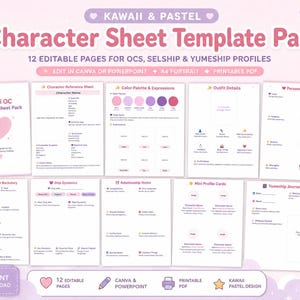 Puede incluir: Un paquete de plantillas de hojas de personajes Kawaii & Pastel con 12 páginas editables para OCS, Selship y perfiles Yumeship. El diseño incluye un corazón rosa y una linda ilustración de oso. El texto incluye "Editar en Canva o PowerPoint" y "PDF imprimible".