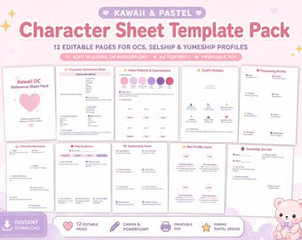 Kawaii Character Sheet Canva Template, Pastel OC Planner & Character Profile Printable PDF