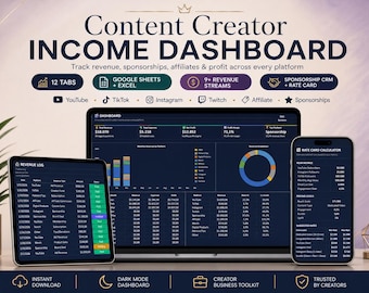 Content Creator Income Tracker Spreadsheet, Sponsorship CRM & Platform Revenue Dashboard for Google Sheets Excel