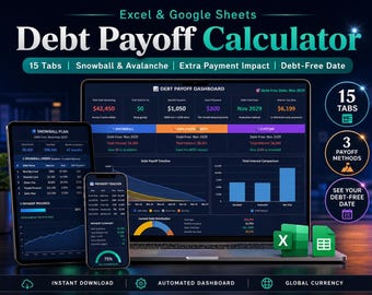 Credit Card Payoff Spreadsheet, Student Loan Debt Snowball Calculator for Google Sheets Excel