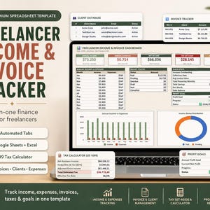 May include: A laptop screen displays a spreadsheet template titled "Freelancer Income & Invoice Tracker." The design features a green and brown color scheme, with key data points and charts. Text includes "29 Automated Tabs" and "Google Sheets + Excel."