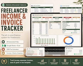 Freelancer Income Expense Tracker, Invoice 1099 Tax & Client Dashboard for Google Sheets Excel