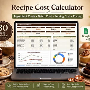May include: A laptop displays a recipe cost calculator spreadsheet with financial data, graphs, and charts. The image includes baked goods like cake, cookies, and cupcakes. Text on the screen includes "Ingredient Costs," "Batch Cost," and "Serving Cost."