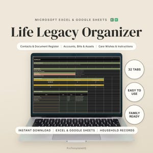 Peut inclure: Un ordinateur portable argenté affichant un tableur Life Legacy Organizer pour Microsoft Excel et Google Sheets. L'écran présente un tableau de bord sombre avec des accents verts, jaunes et rouges. Trois badges circulaires indiquent 32 onglets, une facilité d'utilisation et une compatibilité familiale.