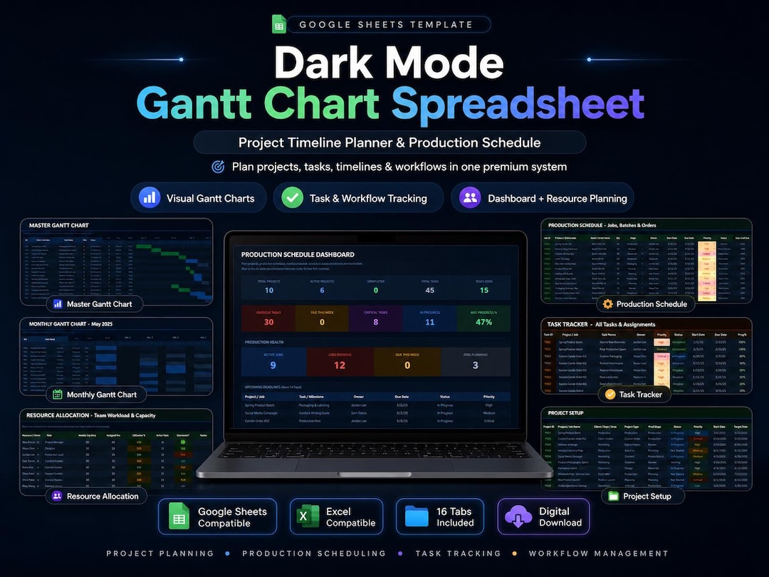 Dark Mode Gantt Chart Spreadsheet, Project Timeline Planner ...
