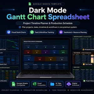 Può includere: Un laptop mostra un modello di foglio di calcolo Gantt Chart in modalità oscura. L'immagine mostra la pianificazione del progetto, il monitoraggio delle attività e le funzioni di gestione del flusso di lavoro. Il modello è compatibile con Google Sheets ed Excel e include 16 schede.