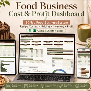 May include: A laptop, tablet, and smartphone display a food business cost and profit dashboard. The image includes a chocolate cake, cookies, coffee, and prepared food containers. Text on the screen reads "Food Business Cost & Profit Dashboard."