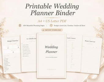 Printable Wedding Planner Binder PDF, Wedding Planning Book, Bridal Organizer, A4 US Letter, 108 Pages