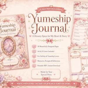 May include: A printable journal set with a romantic theme. The cover features the text "Yumeship Journal" and a decorative oval frame with a castle illustration. The set includes pages for self-reflection, memories, and relationships, with floral and bow accents.