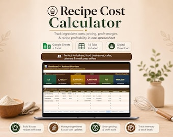 Recipe Cost Calculator Spreadsheet, Food Cost Profit Tracker