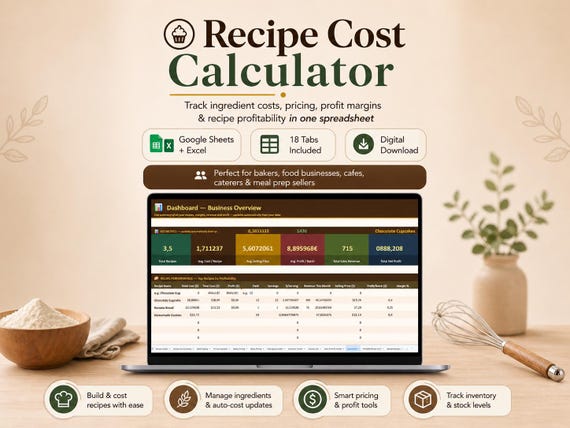 Recipe Cost Calculator Spreadsheet, Food Cost Profit Tracker