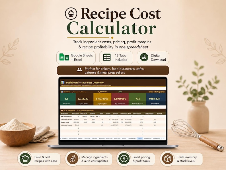 May include: A laptop displays a spreadsheet titled "Recipe Cost Calculator." The image includes text: "Track ingredient costs, pricing, profit margins & recipe profitability." Additional elements include a bowl of flour, a whisk, and icons for Google Sheets and digital download.