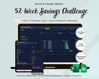 Money Saving Challenge Spreadsheet, Weekly Savings Goal Tracker for Google Sheets Excel
