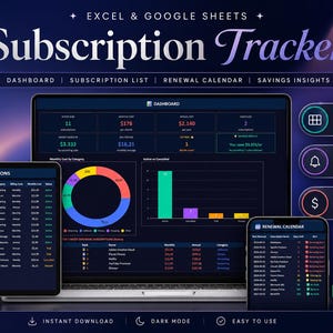 May include: A digital subscription tracker displayed on a laptop, tablet, and smartphone. The interface shows dashboards, subscription lists, and renewal calendars. Features include 4 easy tabs, renewal alerts, and track & save options. The text reads "Subscription Tracker".