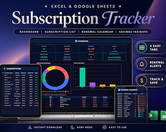 Subscription Tracker Spreadsheet, Monthly Cost & Renewal Calendar for Google Sheets Excel