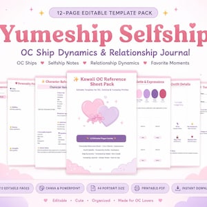 Puede incluir: Un paquete de plantillas digitales llamado "Yumeship Selfship" en rosa y morado. Contiene 12 páginas editables para la dinámica de barcos OC y el diario de relaciones. Incluye compatibilidad con Canva y PowerPoint, tamaño A4, PDF imprimible y descarga instantánea.