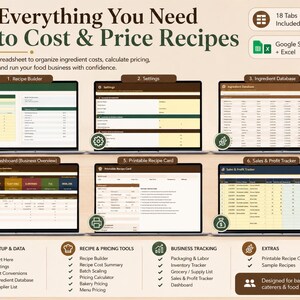 May include: An advertisement for a spreadsheet software titled "Everything You Need to Cost & Price Recipes." The image shows six laptop screens displaying different spreadsheet sections, including a recipe builder, settings, and a sales tracker. The software is designed for food businesses.