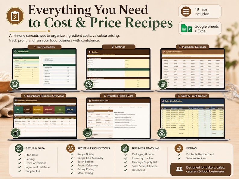 May include: An advertisement for a spreadsheet software titled "Everything You Need to Cost & Price Recipes." The image shows six laptop screens displaying different spreadsheet sections, including a recipe builder, settings, and a sales tracker. The software is designed for food businesses.
