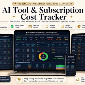 May include: A digital mockup of a spreadsheet titled "AI Tool & Subscription Cost Tracker" displayed on a laptop, two tablets, and a smartphone. The spreadsheet tracks tools, trials, renewals, and ROI. The image includes icons for organized tabs, Google Sheets, and a renewal calendar.