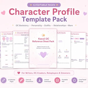 May include: A digital Character Profile Template Pack with 12 editable pages. The design is pastel pink and purple, with hearts and stars. The pack includes templates for OC backstory, personality, outfits, and relationships. Text includes "Kawaii OC Reference Sheet Pack".