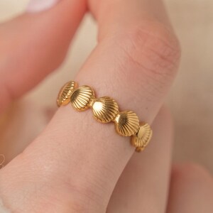 Dainty Seashell Gold Ring, Cockle Shell Ocean Jewellery, Minimal Adjustable Beach Ring