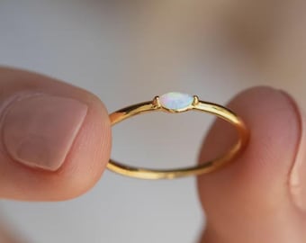 Marquise Cut Opal Ring, Tiny Solitaire Diamond Ring, Minimalist Delicate Ring, Dainty Stacking Ring