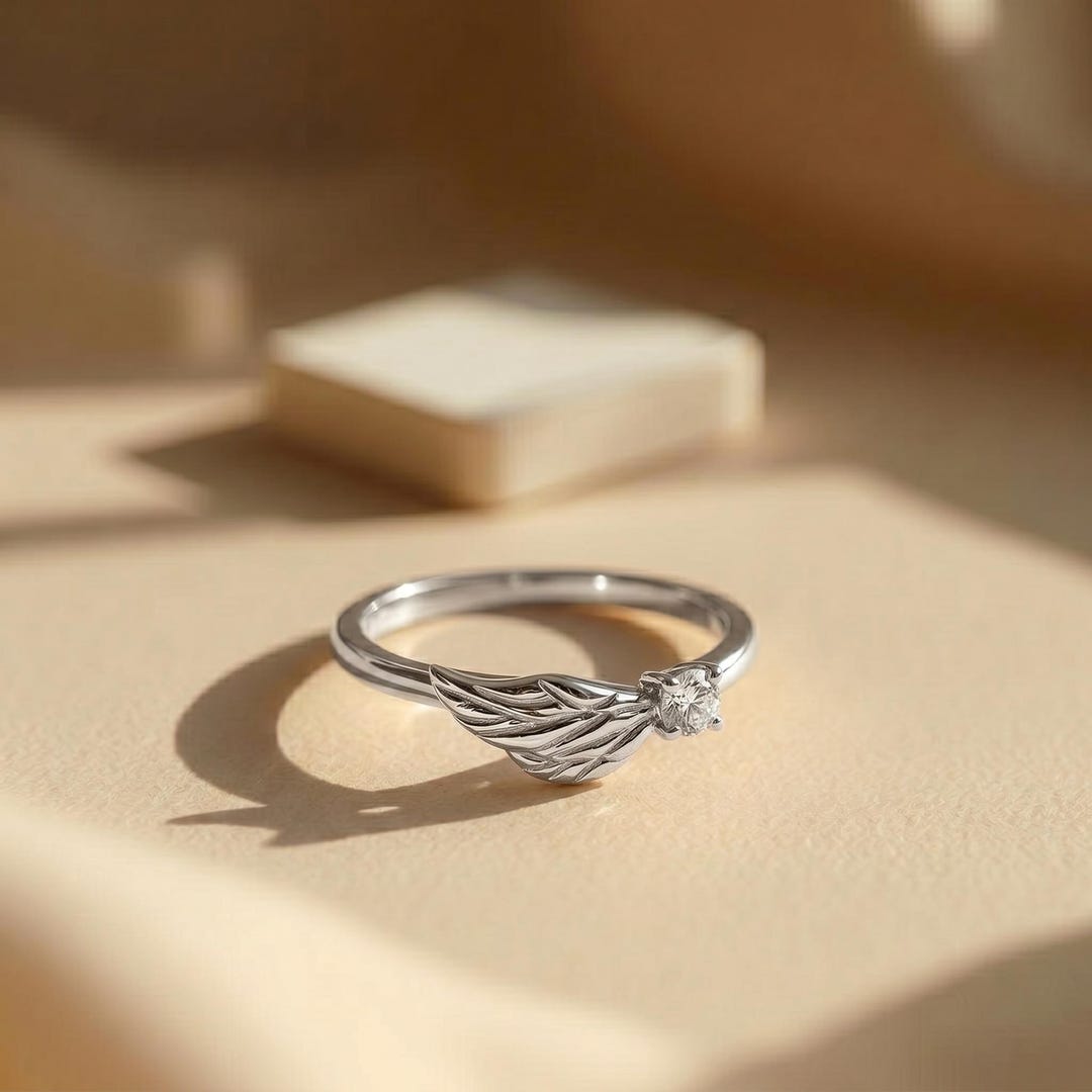 Angel Wing Inspired Minimalist Ring, Moissanite Diamond Guardian Angel ...