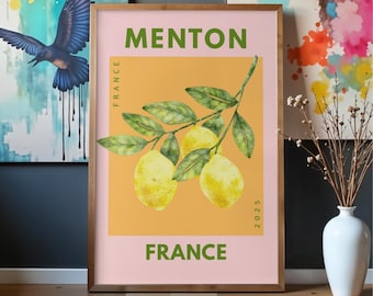 Menton France Lemon Poster | French Riviera Travel Print | Vintage Style Citrus Wall Art