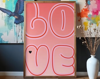 Minimalist LOVE Typography Print, Pink Red Line Art Poster (Digital Download)