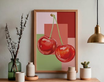 Watercolor Cherry Print | Modern Fruit Kitchen Decor (Digital Download)