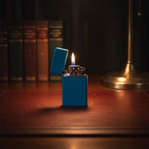 Op de afbeelding: Een teal-kleurige, rechthoekige aansteker met het deksel open, waardoor een brandende vlam zichtbaar is. De aansteker staat op een donkerbruin oppervlak, met een vage achtergrond van boeken en een lamp.