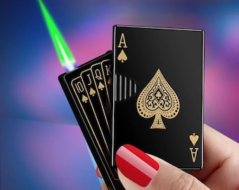 Poker Card Metallfeuerzeug, winddichtes Fackelfeuerzeug Grüne Flamme, nachfüllbares Butanfeuerzeug, individuell graviertes Geschenk für Männer Raucher