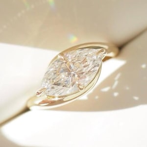 East West Marquise Cut Spiral Pinky Ring 18K Solid Gold Moissanite Pinky Promise Ring Handmade Minimalist Gift Dainty Travel Jewelry For Her