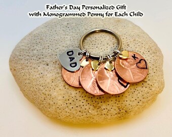 Father's Day Penny Keychain - Child's Gift to Dad or Grandfather - Love Hearts - Personalized Stamped Charm for each Child - FREE GIFT BOX