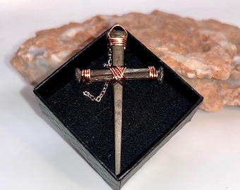 Iron Nail Cross Necklace – Easter Crucifix - Hand Forged in 1815 - Iron 6th Anniversary - Fathers / Mothers Day - Wedding - FREE GIFT BOX