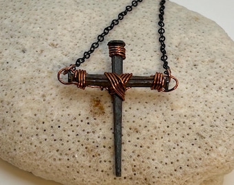 Iron Nail Cross Necklace - Anniversary - 6th Iron - 7th Copper - Delicate 1.5" Crucifix Pendant - FREE GIFT BOX - Mothers Fathers Day Faith