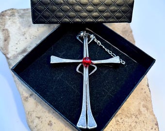 Horseshoe Nail Cross Necklace -Iron 6th Anniversary -Victorian 1880s Scarlet Red Bead -Fathers -Wedding -Boyfriend Girlfriend -FREE GIFT BOX