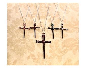 Iron Nail Cross Necklace - Sterling Silver Chain -6th Iron -7th Copper Anniversary -Christian Couple Man Woman -Father -Mother GIFT BOX FREE