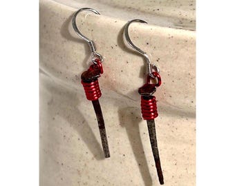 Gothic Coffin Nail Earrings – Blood Red - Iron Nail - Witchy Anniversary Gift -Birthday -Hand Forged 1815 -Alternative Vampire Witchy Morbid