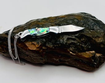 Mini Abalone Shell Knife Necklace -Shell Folding Knife Pendant -Sharp Blade -Stainless Steel Knife -Sterling Silver Chain - GIFT BOX FREE