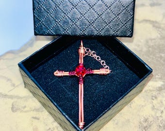 Copper Wire Cross Necklace – Handmade Custom Necklace - 1880s Red Bead Heart - Copper 7th Anniversary - Fathers Mothers Day -FREE GIFT BOX