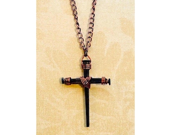 Iron Nail Cross Necklace - 6th Iron Anniversary -  7th Copper Anniversary - Copper Crucifix - FREE GIFT BOX - Easter - Fathers Mothers Day