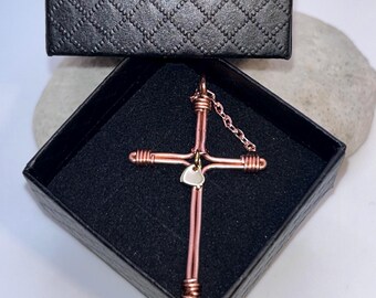 Copper Wire Cross Necklace – Handmade Custom Necklace - Gold Heart Charm - Copper 7th Anniversary - Fathers Day - Mothers Day -FREE GIFT BOX