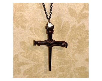 Iron Nail Cross Necklace - Sterling Silver Chain -Gold Heart Charm 6th Iron -7th Copper Anniversary Christian -Mother -Father -GIFT BOX FREE