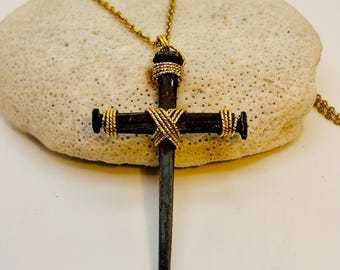 Iron Nail Cross Necklace –  Gold Plated Wire - Hand Forged in 1815 - Iron 6th Anniversary - Fathers / Mothers Day - Wedding - FREE GIFT BOX