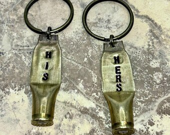 Pair HIS HERS Bullet Key Rings - Keychains - Hand Stamped - Personalized Bullet Keychain - 21st Brass Anniversary Couple - FREE Gift Box
