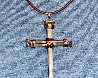 Iron Nail Cross Necklace – Rustic Crucifix - Hand Forged  - Leather Necklace Choice -6th Anniversary - Fathers / Mothers Day - FREE GIFT BOX